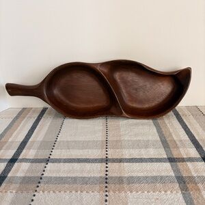 Mid Century Modern Teak Wood Divided Tray Quon Quon Handcrafted Pea Pod Leaf